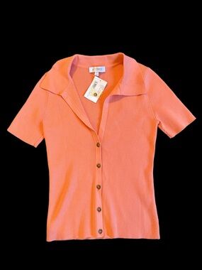 Intermix Coral Ribbed Button-Up Top with Collar